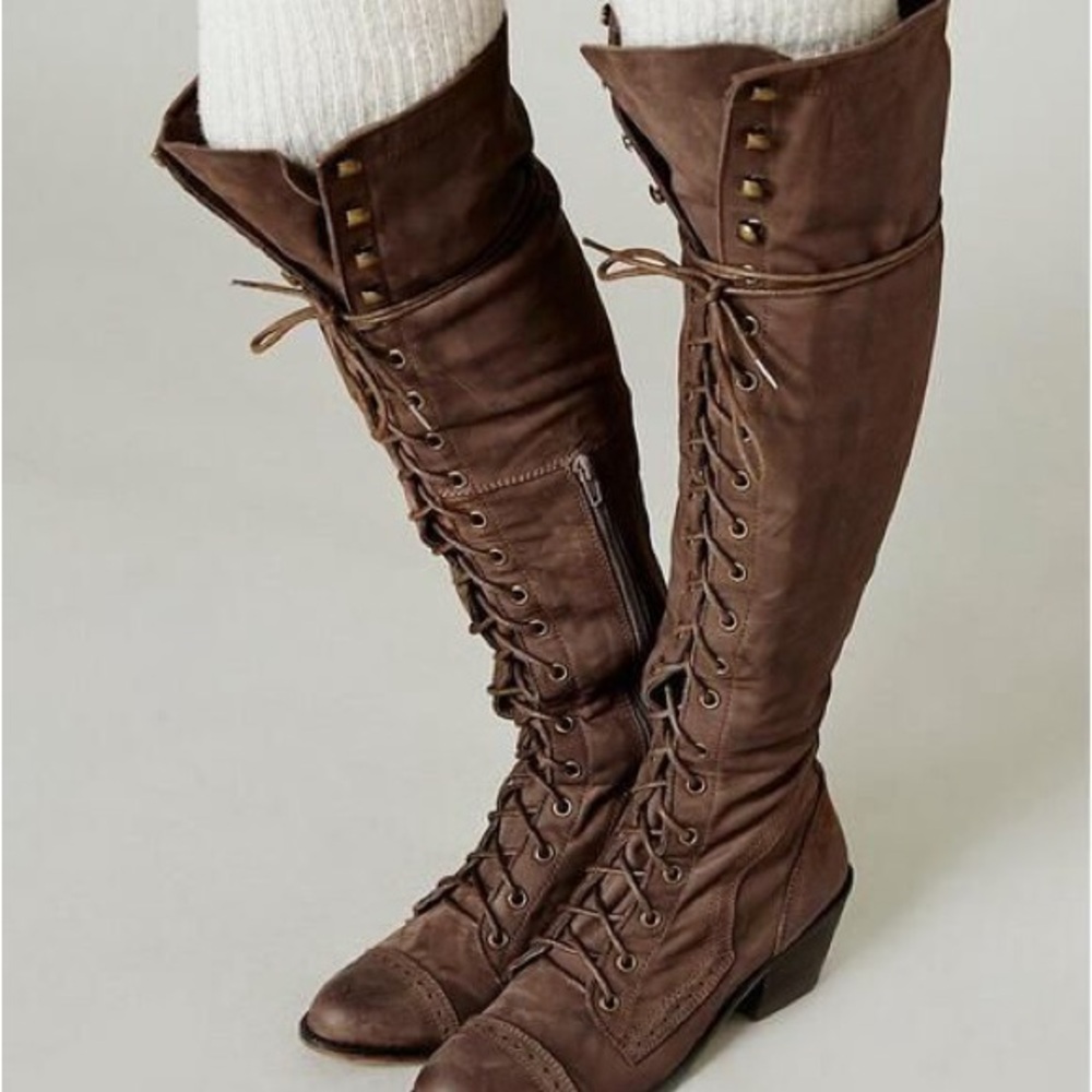 Free people Jeffrey Campbell Brown Knee-High Lace-Up Joe Boots